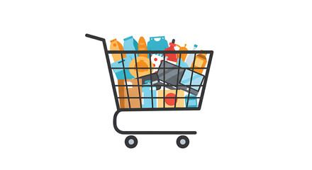 Full Shopping Cart with Groceries and Products Illustration