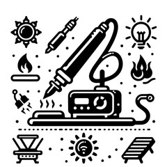 Illustration of a soldering iron with stand and other related electrical components and symbols around it