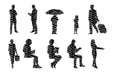 Vector illustration, Outline silhouettes of people, Contour drawing, people silhouette, Icon Set Isolated , Silhouette of sitting people, Architectural set