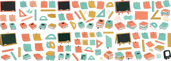 Colorful educational elements featuring books, chalkboards, and stationery supplies.