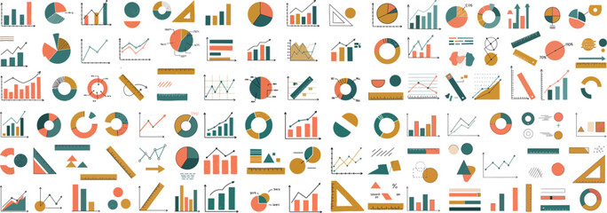 A vibrant collection of various graphs, charts, and infographics in orange and teal tones.