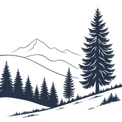 Fototapeta premium Serene silhouette of evergreen trees and rolling mountains in a minimalist landscape