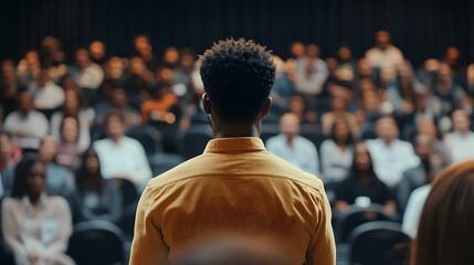 An African American speaker presents to an audience during a workshop, viewed from the rear of the conference hall.