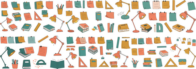 Colorful illustration of study materials, including books, lamps, and stationery items.