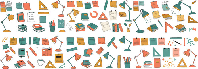 Colorful office supplies and lamps, showcasing a creative workspace vibe.