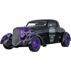 Custom Hot Rod Car with Flames and Skull Design on Black Background