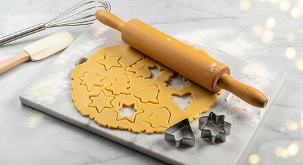 Christmas baking: Dough with cookie cutters and rolling pin on marble surface