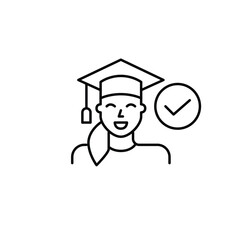 Young graduate woman and checkmark. Approved degree, verified education. Pixel perfect, editable stroke vector icon