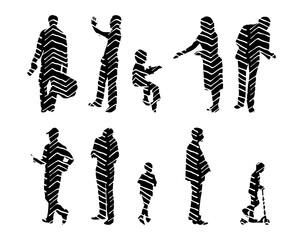 Vector illustration, Outline silhouettes of people, Contour drawing, people silhouette, Icon Set Isolated , Silhouette of sitting people, Architectural set