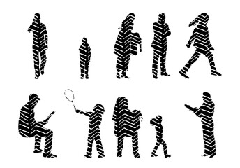 Vector illustration, Outline silhouettes of people, Contour drawing, people silhouette, Icon Set Isolated , Silhouette of sitting people, Architectural set
