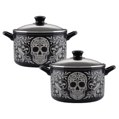 Two Black Cooking Pots with Sugar Skull Design and Lids Still Life