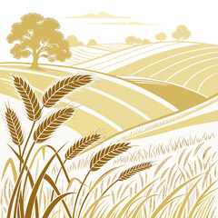 Golden wheat fields and rolling hills under a stylized sky with a solitary tree