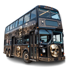 Skull decorated double decker bus with ornate golden accents concept art