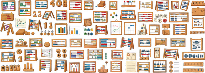 A colorful collection of wooden educational toys for counting, math, and learning, perfect for children.