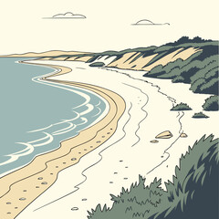 Stylized illustration of a serene sandy beach with gentle waves and rolling green dunes under a pale sky