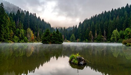 A serene mountain lake nestled between evergreen forests, shrouded in mist under a cloudy sky. The calm water reflects the surrounding landscape