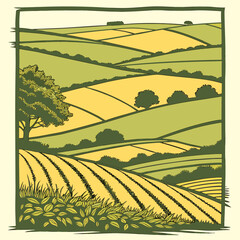 Stylized illustration of rolling green and yellow agricultural fields with a large tree and crops in the foreground