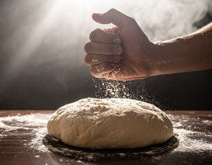 Adding Flour to Fresh Dough on a Table