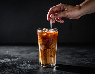 Iced Latte with Milk Swirl and Metal Straw