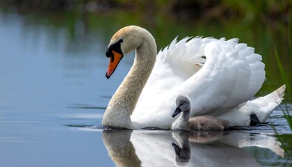 Obraz premium A serene moment, capturing a majestic adult swan gracefully gliding alongside its adorable cygnet, reflected in the tranquil water