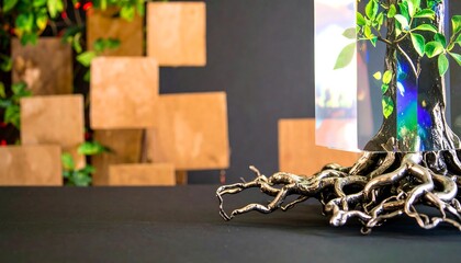 Tree Sculpture with Green Leaves and Decorative Roots on Black Surface