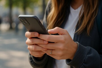 Woman using smartphone while standing outdoors in casual attire  