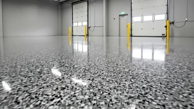 Seamless epoxy resin floor shines inside a modern warehouse or industrial garage
