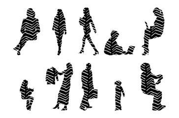 Vector illustration, Outline silhouettes of people, Contour drawing, people silhouette, Icon Set Isolated , Silhouette of sitting people, Architectural set
