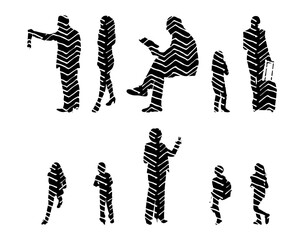 Vector illustration, Outline silhouettes of people, Contour drawing, people silhouette, Icon Set Isolated , Silhouette of sitting people, Architectural set