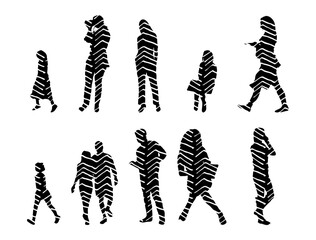Vector illustration, Outline silhouettes of people, Contour drawing, people silhouette, Icon Set Isolated , Silhouette of sitting people, Architectural set