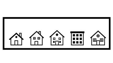 Simple black and white illustration of various house and building designs.