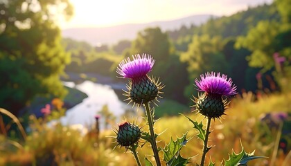 Vibrant Purple Thistle Flowers Blooming in a Beautiful Landscape at Sunset