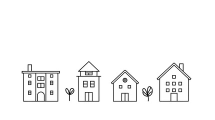 Simple line drawing depicts four different houses with varying architectural styles, and small plants.