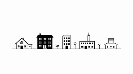 Simple line drawing of a cityscape featuring various building types and small trees.