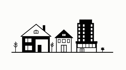 Simple black and white illustration of residential buildings and a skyscraper.