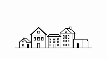 Simple line drawing of a row of houses with varying sizes and architectural styles on a white background.