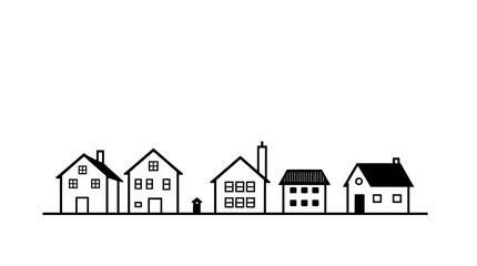 Simple black and white illustration of a row of houses, chimneys, and a mailbox.