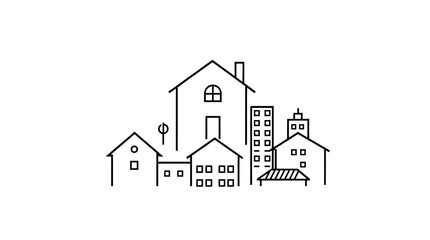 Simple line drawing of a small town or city skyline with houses and buildings in black and white.