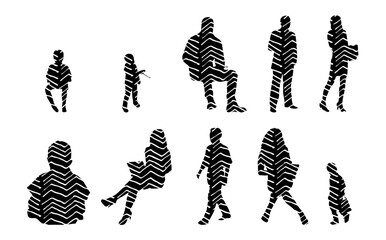 Vector illustration, Outline silhouettes of people, Contour drawing, people silhouette, Icon Set Isolated , Silhouette of sitting people, Architectural set