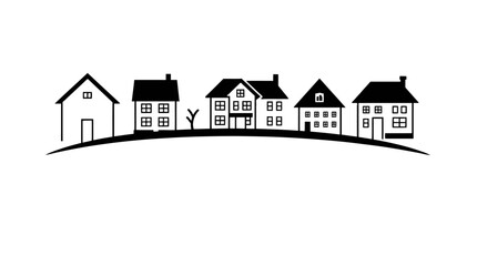 A row of simple, stylized houses with varying designs sits atop a curved hill, rendered in black and white.