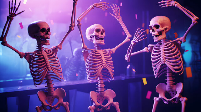 Three skeletons dancing and celebrating with purple and blue lights