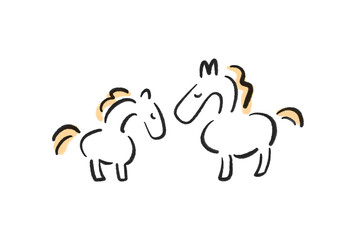 目を閉じて寄り添う二頭の白馬の親子　2026 水彩画　墨絵