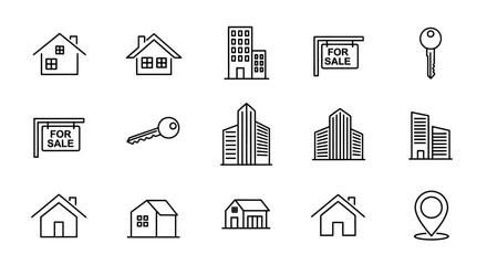 Collection of line art icons representing real estate, including houses, buildings, keys, and "For Sale" signs.