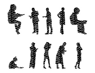Vector illustration, Outline silhouettes of people, Contour drawing, people silhouette, Icon Set Isolated , Silhouette of sitting people, Architectural set
