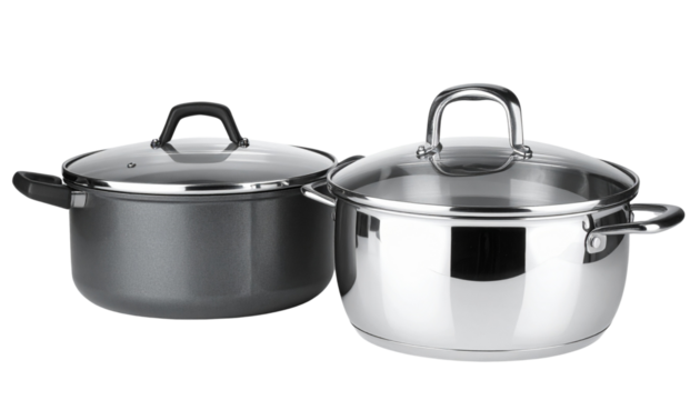 Dual cookware set featuring modern and classic pots with lids, isolated on transparent background