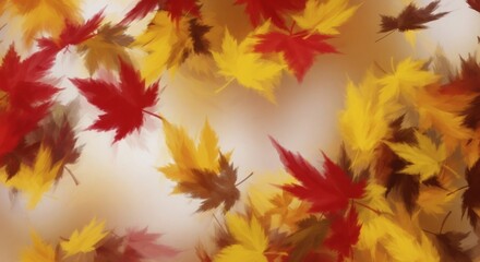 Obraz premium Painted image of colorful autumn leaves falling in a gentle cascade, with a blurred, abstract background creating a soft seasonal effect