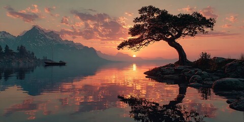 the world tree yggdrasil under a romantic sunset sky, serene norse landscape with river and sacred tree of life, mystical summer evening with lake mountains and yggdrasil