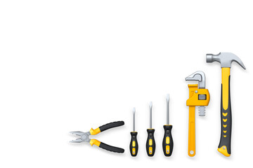 Set of hand tools including pliers, pipe wrench, hammer, and screwdriver isolated on white background, concept of repair