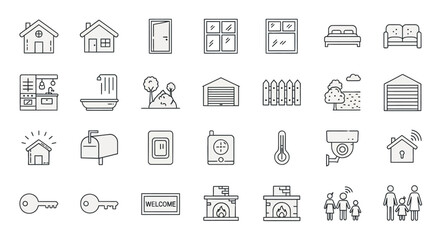 Collection of outlined icons representing home, family, security, and various house-related elements.