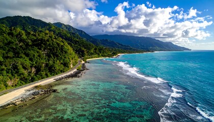 Aerial view of a coastal highway, lush mountains meeting the ocean, with clear turquoise water and waves